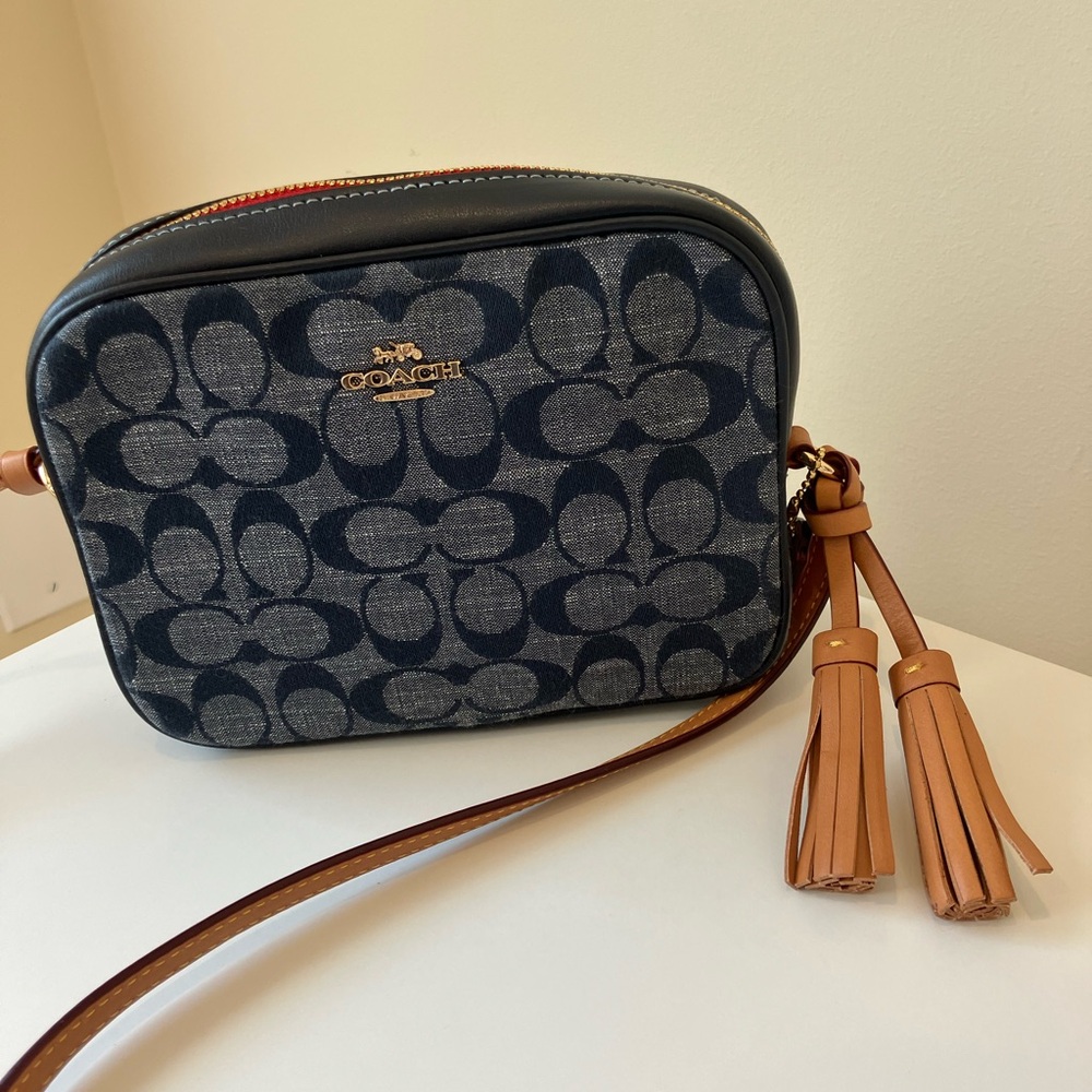 Coach Mini Camera Bag In Signature Chambray Blue and Red